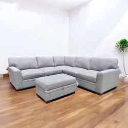 🏷OUTLET FURNITURE |  Thomasville Langdon Fabric L-Shape Sectional with Storage Ottoman, Gray 💥