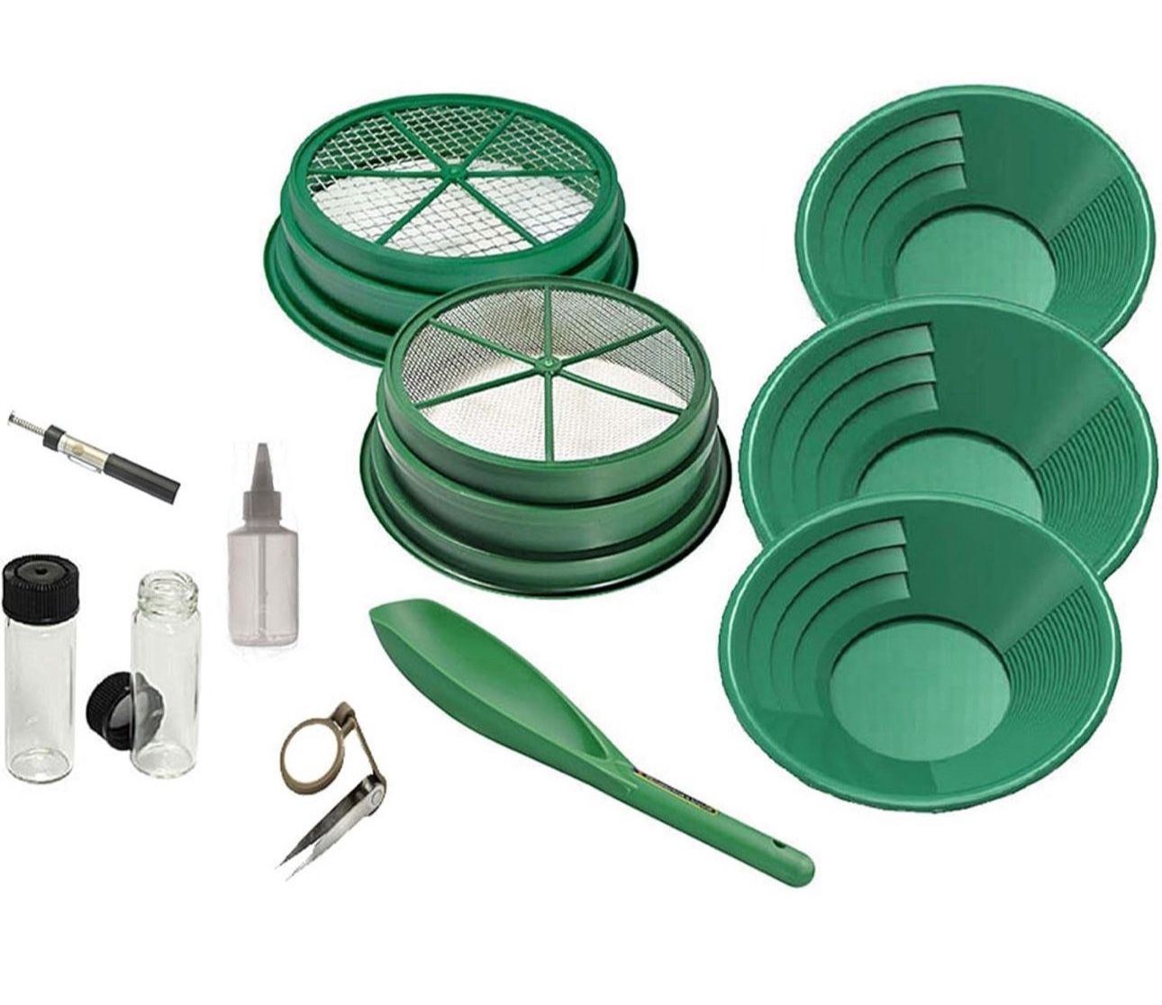 New11-Piece Gold Panning Kit - Complete Prospecting Set with Pans, Sieves, Tweezers, Glass Bottles, Sand Magnet, and More - Ideal for Beginners and En