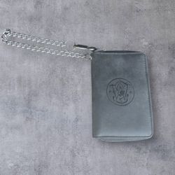 Smith & Wesson Leather Chain Wallet Black Zip Around Biker Trucker Snap Pocket