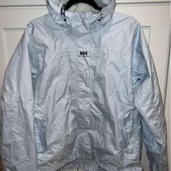 Helly-Hansen Women's L Rain Crew Jacket Hooded Winter Packable Light Blue