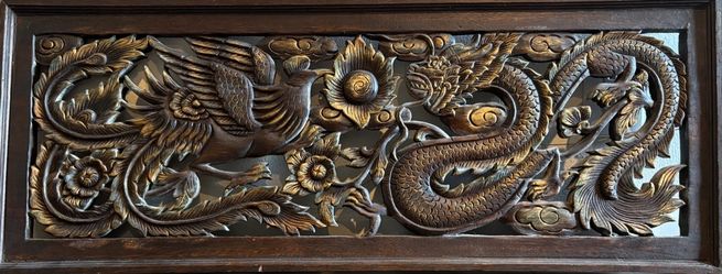 Large Vintage Southeast Asian Hand-Carved Wood Wall Panel - Dragon & Phoenix (40")