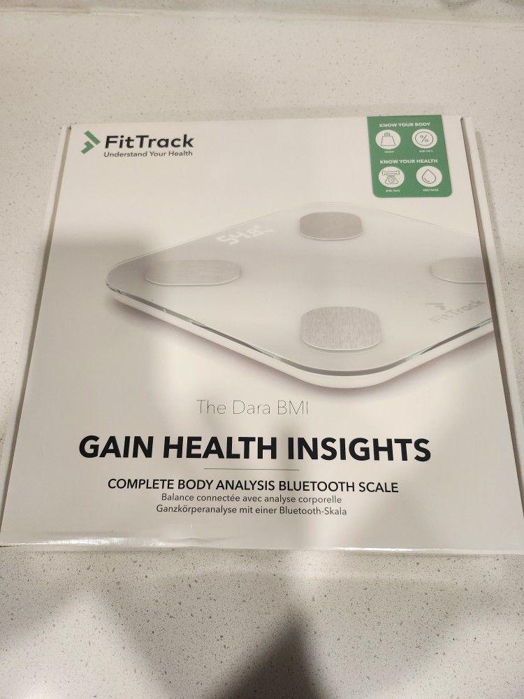 FitTrack Dara Smart BMI Digital Scale - Measure Weight and Body Fat - Most Accurate Bluetooth Glass Bathroom Scale (White)