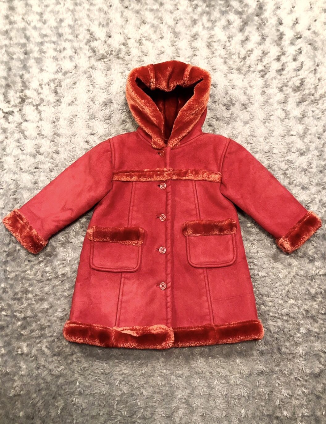 Baby girl GAP hooded red coat paid $65 size 18-24M Perfect condition Sooo beautiful!! Suede feel, faux fur trim & very cosy!