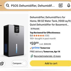 PSOS Dehumidifier, Dehumidifiers For Home, 98 OZ Water Tank, (1000 Sq.ft) Quiet Dehumidifier For Basement Bedroom Bathroom With Humidity Display, Auto