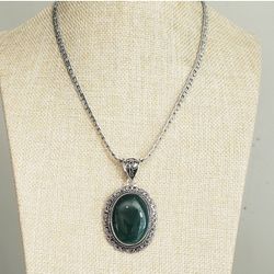Sterling Silver 925 Large Green Onyx Gemstone Necklace 