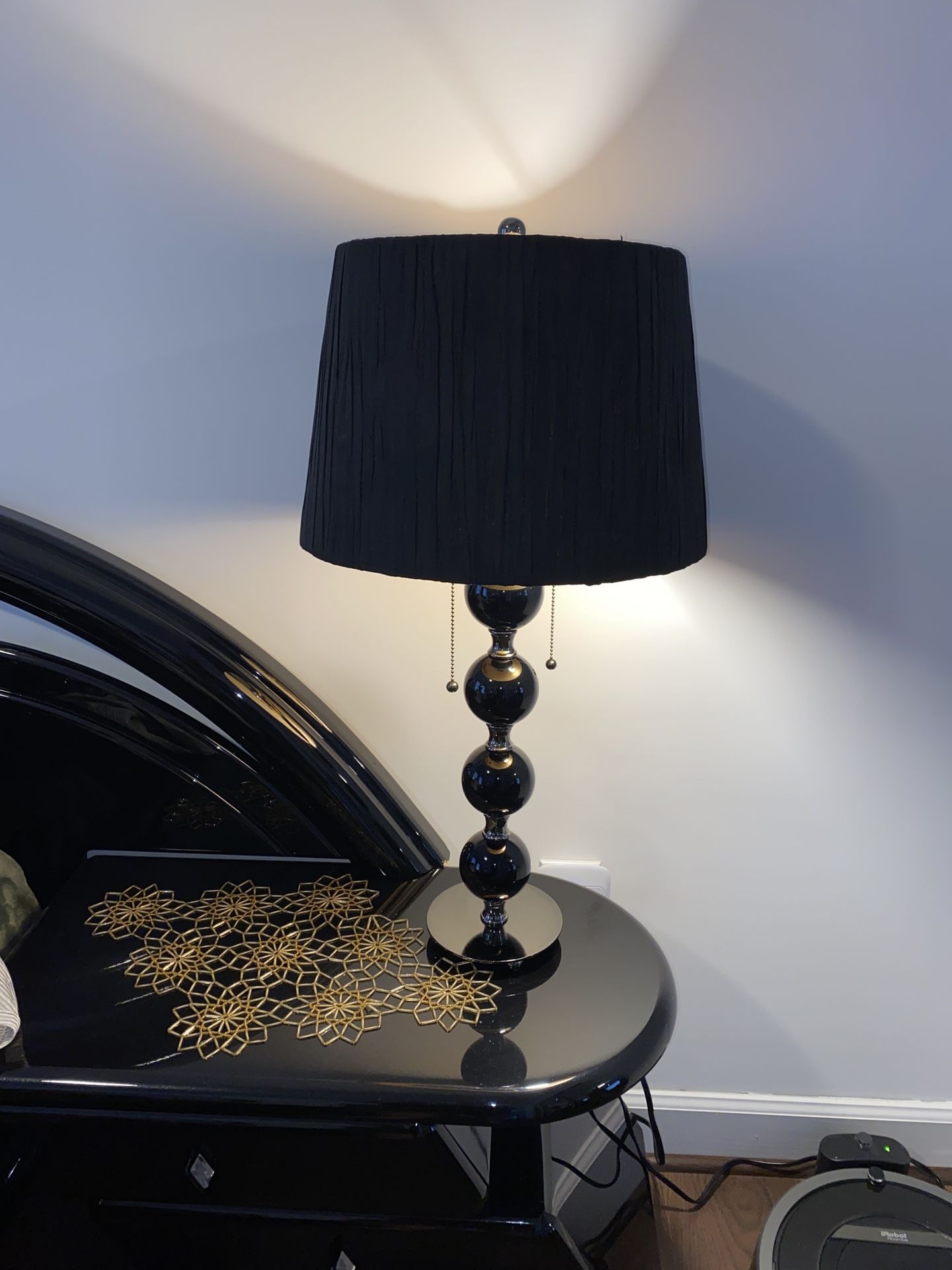 Black Four-Orb Stacked Gloss 29” Table Lamp with Fabric Shade 10x15”
