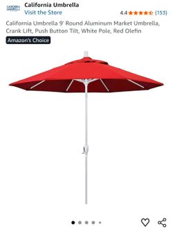 California Umbrella 9' Round Aluminum Market Umbrella, Crank Lift, Push Button Tilt - Like New