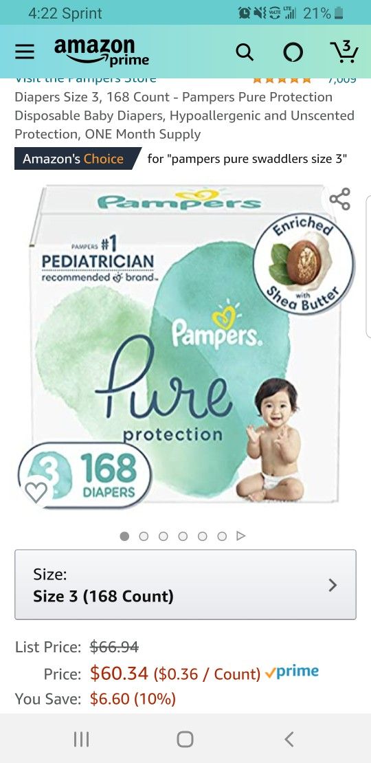 Diapers Size 3, 168 Count - Pampers Pure Protection Disposable Baby Diapers, Hypoallergenic and Unscented Protection, ONE Month Supply