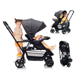 upright double lightweight travel stroller, with standing platform，Canopy，Tray Table