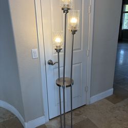 3-Light Brushed Nickel Floor Lamp – Staggered Heights w/ Textured Glass Cylinder Shades