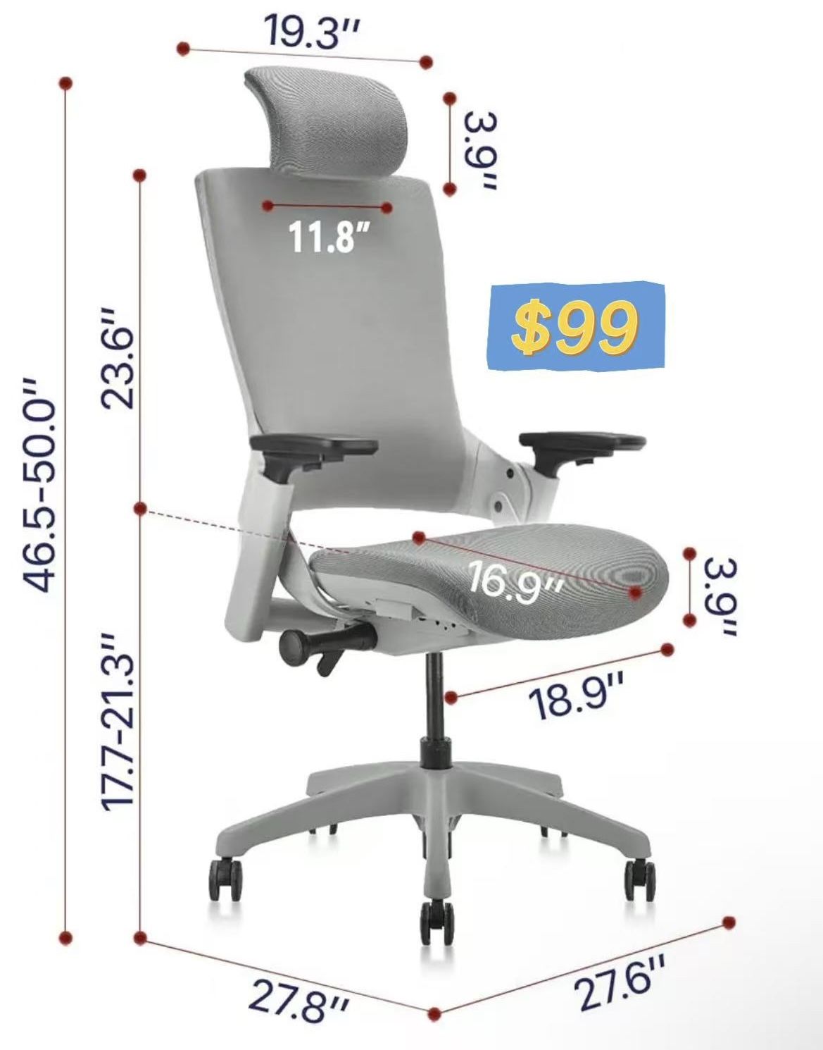 😀 CLATINA Ergonomic High Swivel Executive Chair Fabric Mesh Office Tables Chair with Adjustable Height Head 3D Arm Rest Lumbar Support and Upholstere