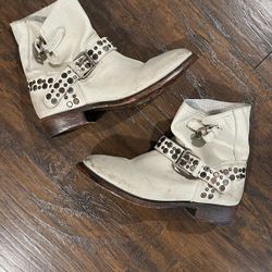 New (without Box), White, Distressed Moto Boots