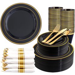 350 Pieces Black and Gold Plastic Plates with Disposable Silverware, Include 50 Dinner Plates 9”, 50 Dessert Plates 6.3”, 50 Gold Rim Black Cups 9 OZ,