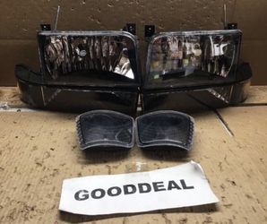 #109 Fit 92-96 F150/250/350/bronco Black Amber Headlight Pair lamp Lights 