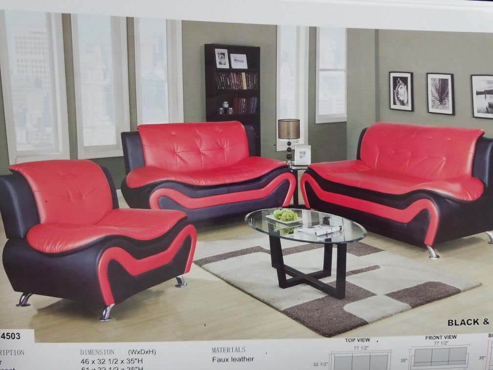 Brand New Box Financing Available Red Black Faux Leather Sofa Loveseat Chair Special