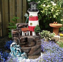 Lighthouse Big Waterfall Fountain Outdoor Freestanding Relaxing Water Fountain, Garden Backyard Decking Home Nautical Art Decor, Gift Ideas