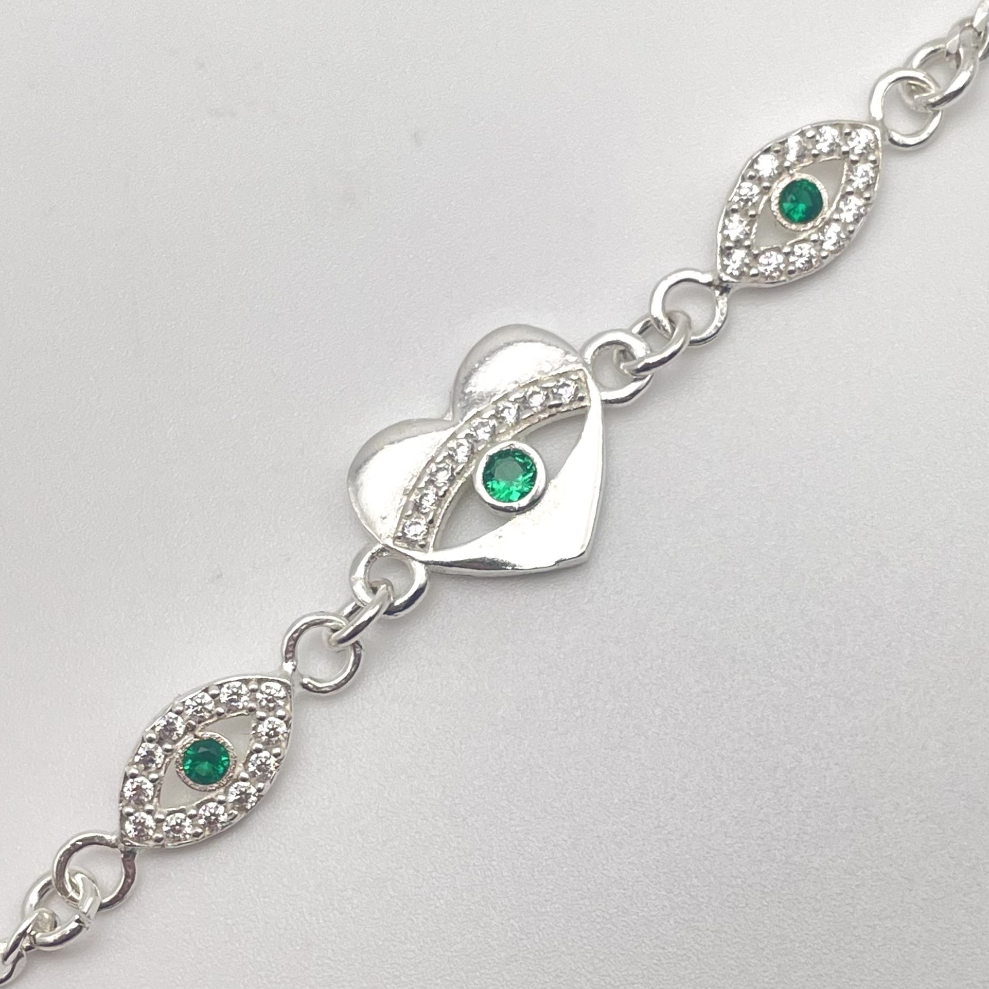 Solid 925 Sterling Silver Evil Eye Heart Green CZ 7 1/4 inch Protection Bracelet