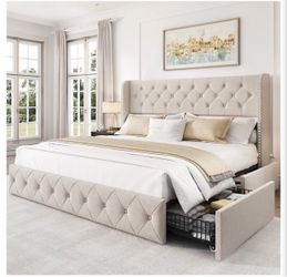 Beige King Size Bed Frame with 4 Storage Drawers