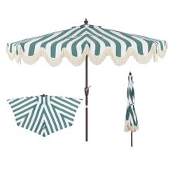 JONATHAN Y Beverly 9 Ft. Striped Half Umbrella, Green/Dark