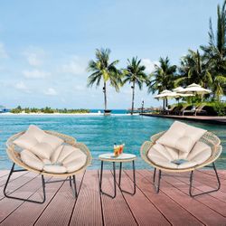 3 Pieces Bistro Set Wicker Patio Conversation Set, All-Weather Acapulco Chairs with Tempered Glass T