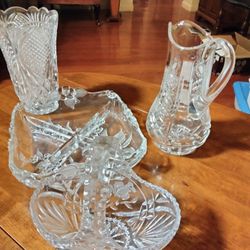 Vintage 1950s Pressed Glass Crystal 4-Pc Set - Pinwheel Star Pattern - Pitcher, Vase, Relish, Swan