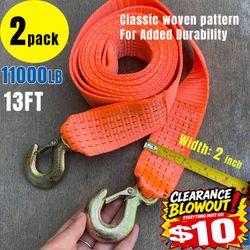 2pack 5 Tons Car Tow Cable Towing Strap Rope with Hooks Emergency Heavy Duty 13 FT