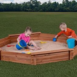 Octagon Wooden Cedar Sand box w Seat Boards | Eco-Friendly Cover & Ground Liner | 84" X 78" x 9" | 3/4" Cedar Boards | Easy DIY Assembly | Holds 800+ 