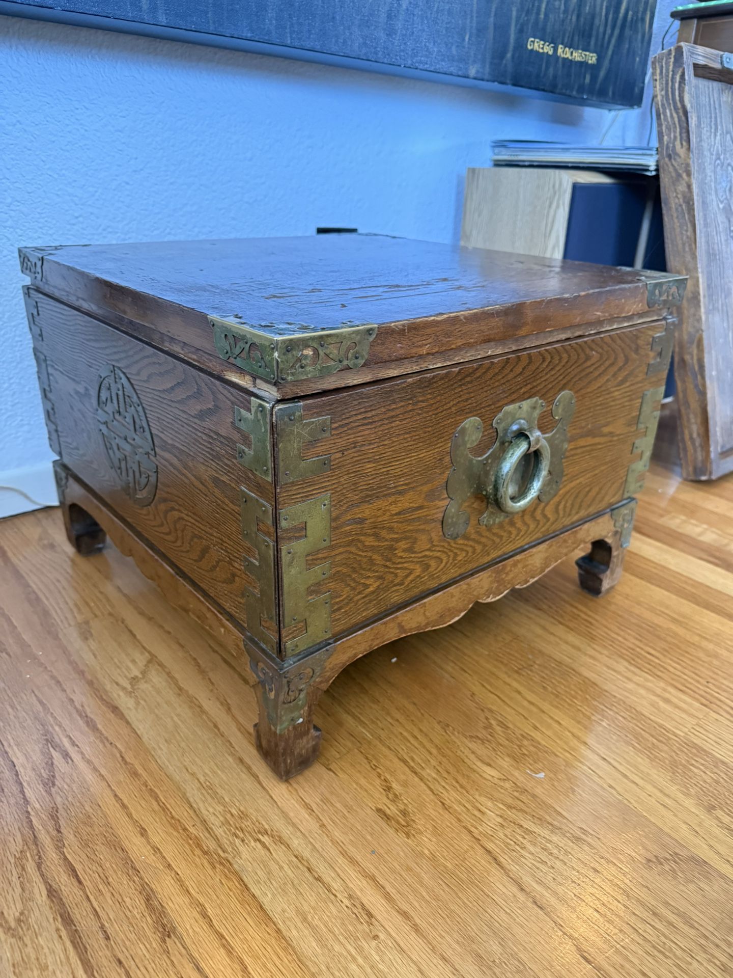 Vintage Wood Asian Drawer With Brass