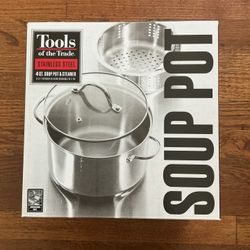 New Stainless Steel 4qt Soup Pot w/ Steamer Basket-  Tools of the Trade