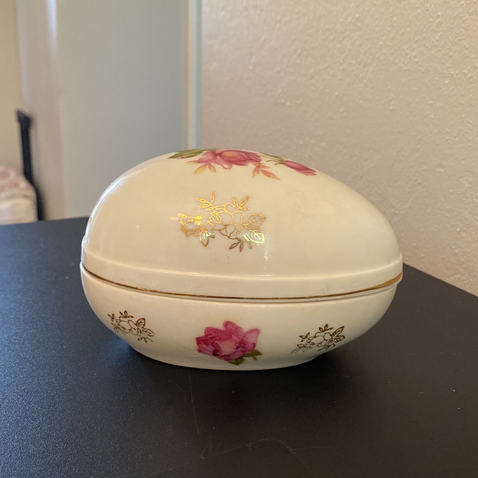 Vintage Lefton china hand painted rose egg shaped trinket box.