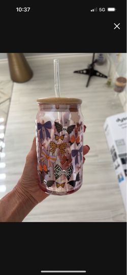 Halloween Bow Print Glass Cup with Lid and Straw