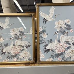 Soft Floral and Heron III Framed Print Wall Art Pale Blue 