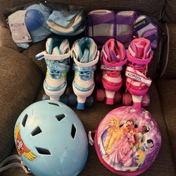 2 Set Of Roller Blades, 2 Protective Gear Kits, And 2 Helmets