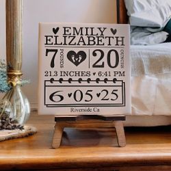 Baby Birth Stats White Ceramic Tile Laser Engraved