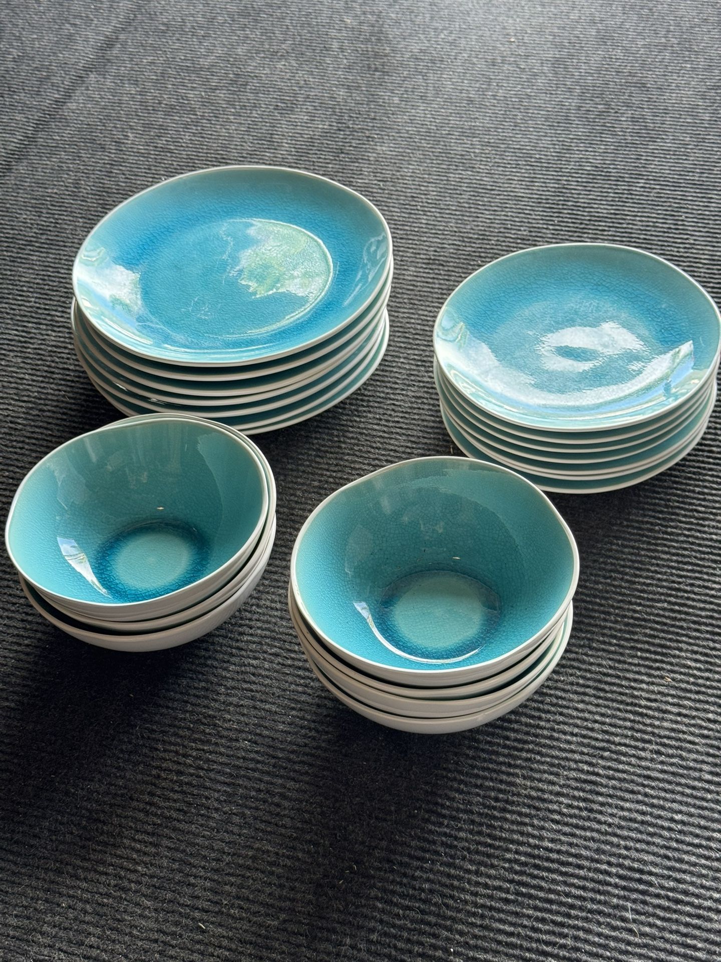 Nicole Miller Home Turquoise Aqua Blue Crackle Dinner Plate, Salad Plate & Bowls