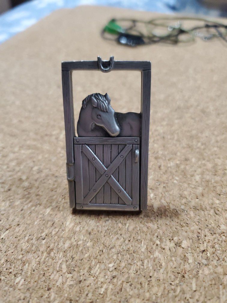 Vintage JJ Jonette Pewter Horse and Foal Articulated Brooch Barn Door Opens. Signed Farm Animal Jewelry.

