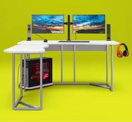 White L-Shaped Gaming Desk with Metal Frame