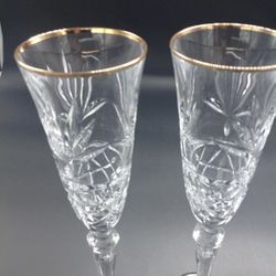 Long Stem Crystal Champagne Glasses Gold Trimmed 