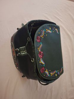 Black Skull & Roses Embroidered Studded Bucket Backpack Drawstring + Wallet