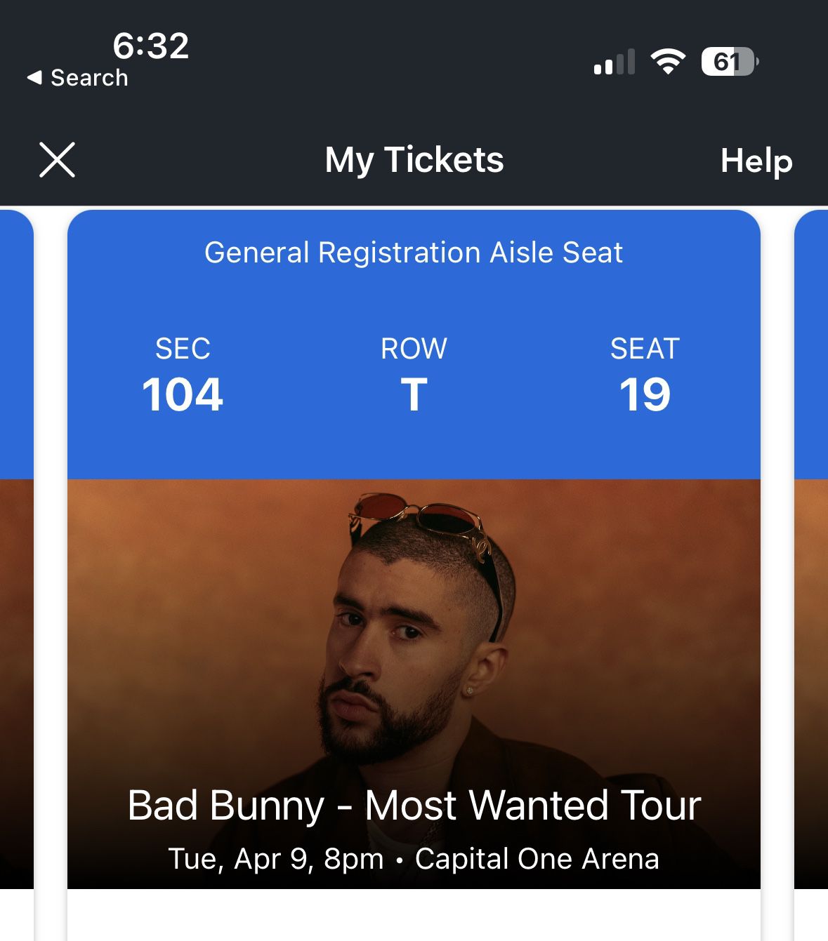 Bad Bunny Most Wanted Tour Main Concourse Tickets - Sec 104 Row T, Seats 18 And 19 
