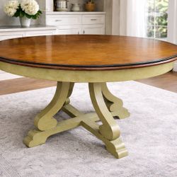 Round Solid Wood Dining Table w/ Glass Top – Pedestal Base, Seats 4 