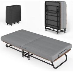 Folding Bed with Mattress, Single Cot Foldable Rollaway Beds with Mattress for Adults, Space Saving Foldable Bed for Easy Storage, Memory Foam Mattres