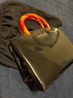 Vintage Mid Century Black Patent Leather Handbag with Tortoise Handles