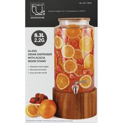 Studio Tu Glass Drink Dispenser with Acacia Wood Stand NEW