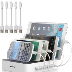 Charging Station for Multiple Devices, MSTJRY 5 Port Multi USB Charger Station with Power Switch Designed for iPhone iPad Cell Phone Tablets (White, 6