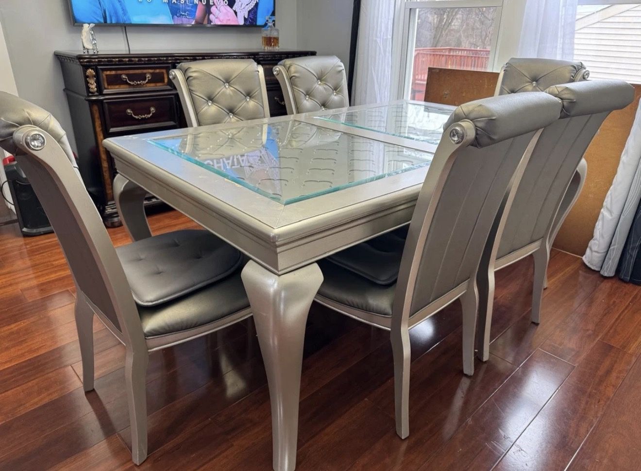 Champagne Dining Table Set; Table + 6 Side Chairs.