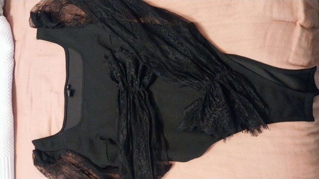 Black Bodysuit With Sheer Lace Sleeves. Size Medium.