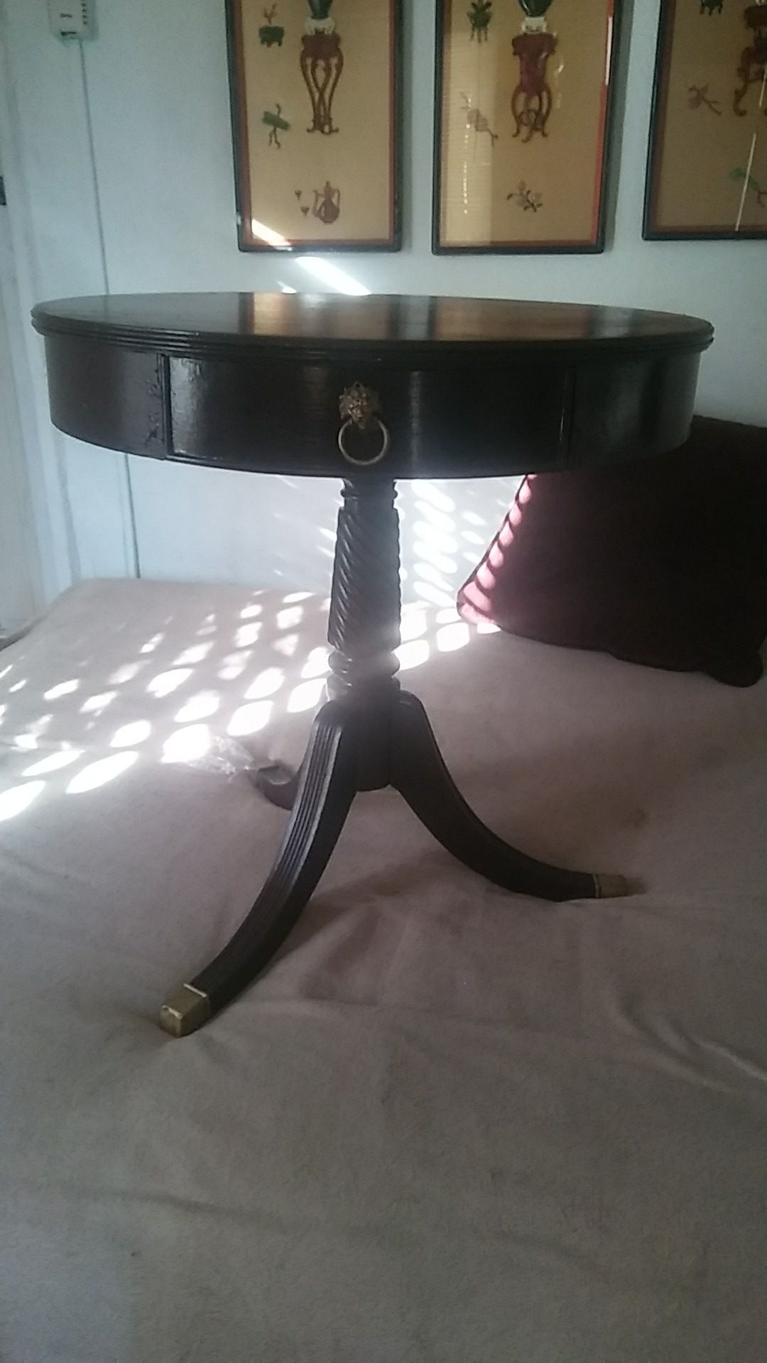 Antique drum table with original hardware brass