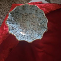 Delftware W.B. Leersum VTG Dish w/Brass Accents Hand-Painted Porcelain. MCM