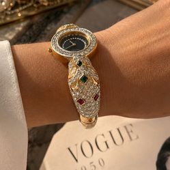 Vintage 80’s Vogue Bijoux Jeweled Panther Watch Rhinestone Statement Bracelet NONWORKING Jewelry 
